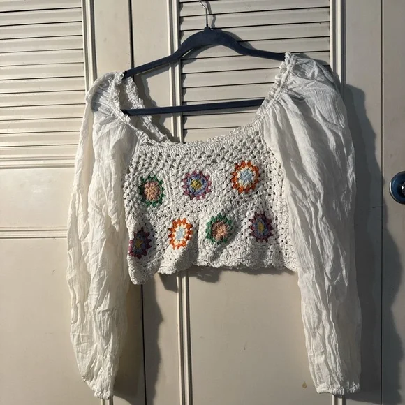 Aerie White Crochet Blouse with Colorful Accents - Picture 2 of 6